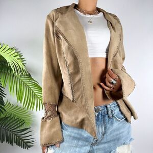 Women's Vintage 90s Tan Coastal Cowgirl Western Suede Crochet Knit Cardigan / 12